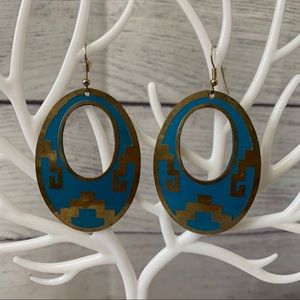 Boho large geometric aztec blue loop earrings